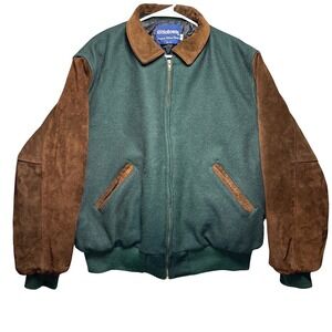 Holloway Original College Jacket XL Green Wool Brown Suede Leather USA Made 90s